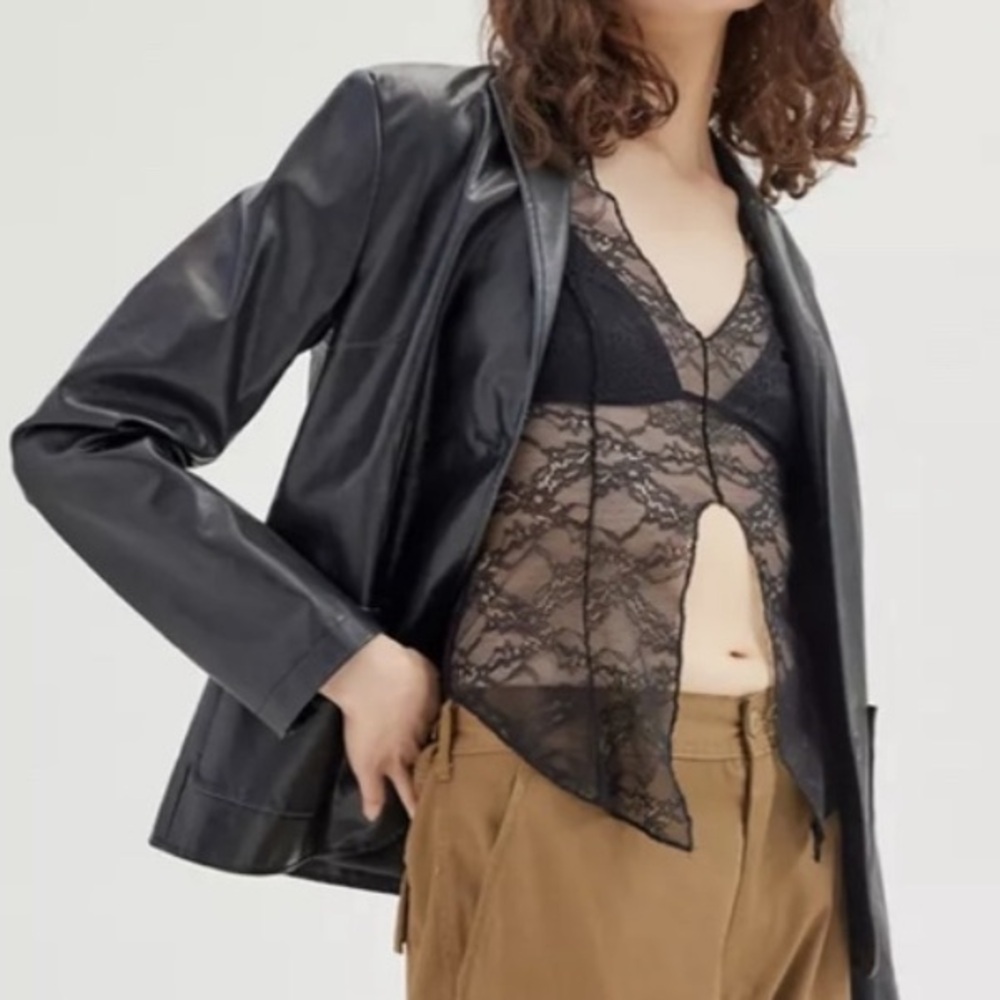 URBAN OUTFITTERS Black Moonlit Sheer Flyaway Top Modified Collarless